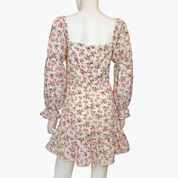 NWT WOVEN PINK Floral Puff Sleeve Mini Dress (Cream | Size S) - Picture 4 of 10